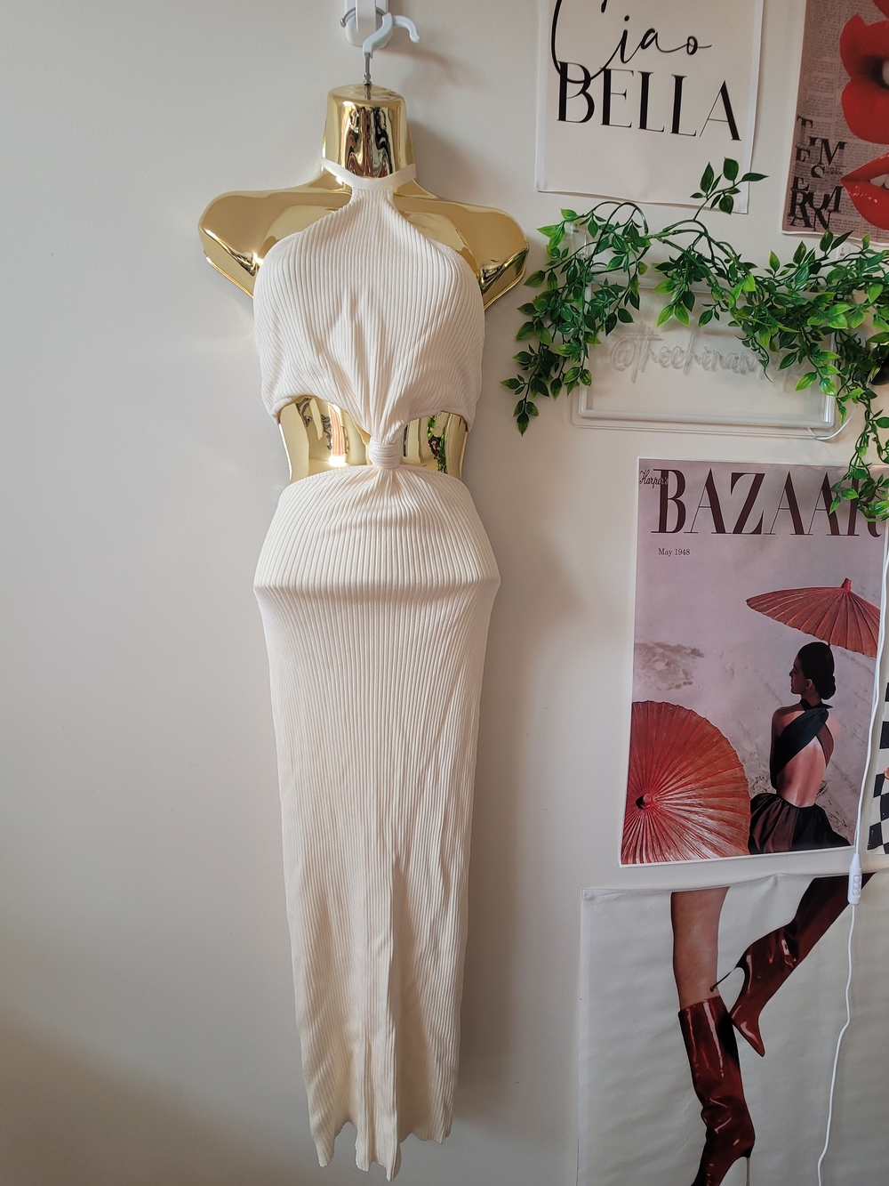 Cult Gaia Cream Ribbed Cutout Maxi Dress